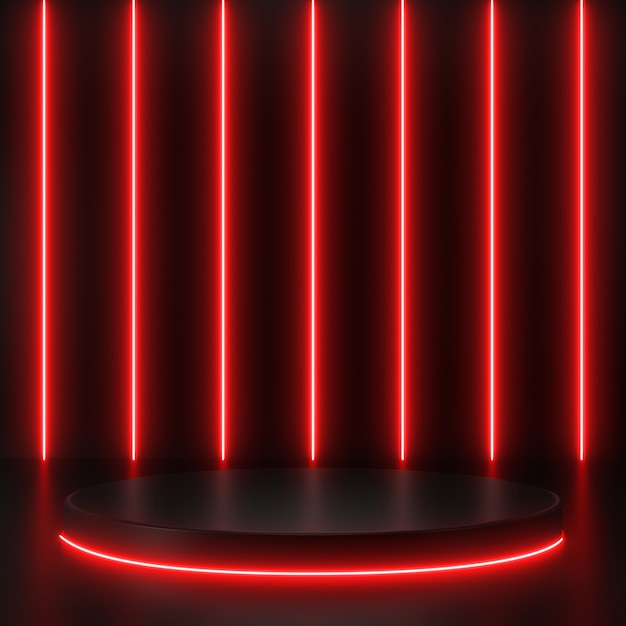 3D визуализация геометрические, светящиеся линии, туннель, красные неоновые огни, абстрактный фон, с черным подиумом.