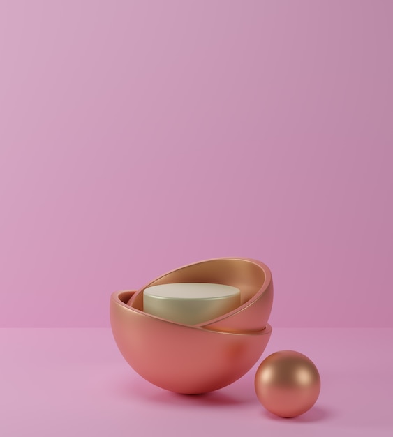 3D render Geometrische abstracte pastel achtergrond Scènes met goud en wit podium, roze achtergrond, luxe minimalistische mockup.
