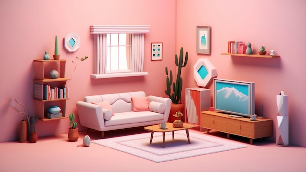 3D render gezellige woonkamer met een roze laminaat muur symmetrisch staat bank