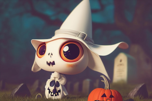 Photo 3d render ghost as a cute chibi figure in a graveyard for halloween. happy halloween wallpaper