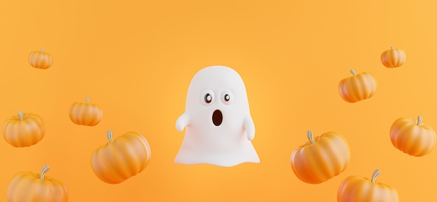 カボチャのハロウィーンのコンセプトでゴーストの3Dレンダリング。