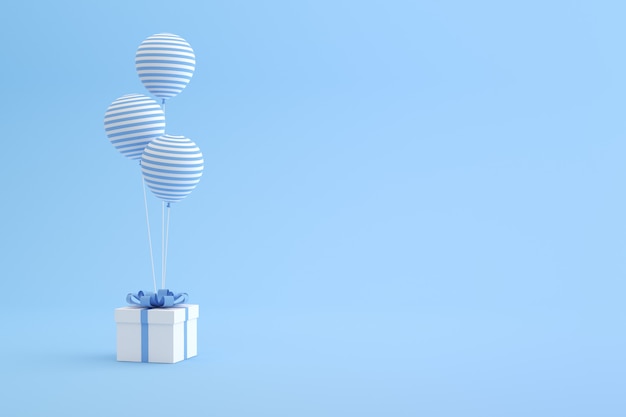 3D render of gift box and balloons on blue background.