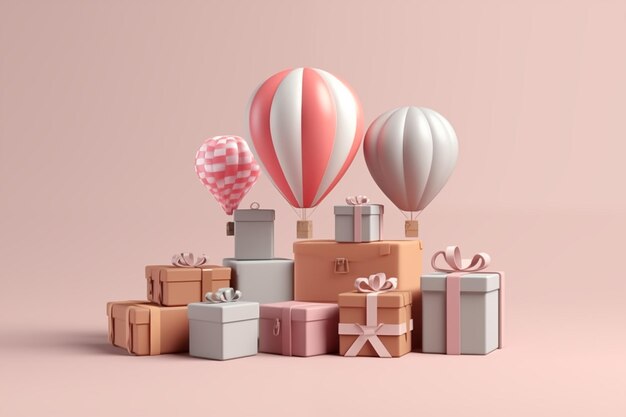 Foto render 3d di scatole regalo e palloncini su sfondo rosa pastello