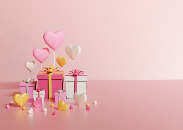 3d render of gift boxes and hearts on light pink background