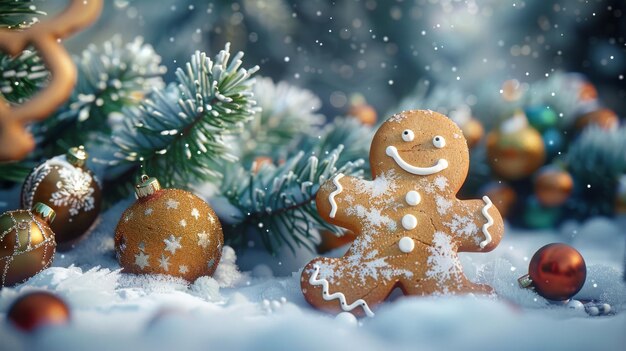 A 3D render of gingerbread man cookies Christmas ornaments and frozen spruce branches on a winter background Festive wallpaper