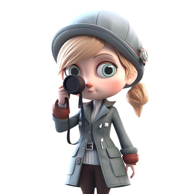 3D レンダリングの少女と二次大戦の服装と双眼鏡