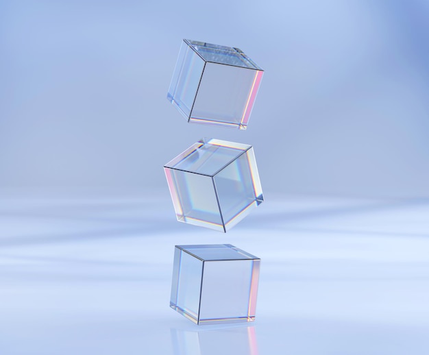 3D-рендеринг стеклянных или пластиковых кубиков, летящих под разными углами на синем текстурном фоне. Четкие квадратные коробки из акрилового или плексигласового хрустального блока. Набор реалистичных макетов светящихся геометрических объектов.