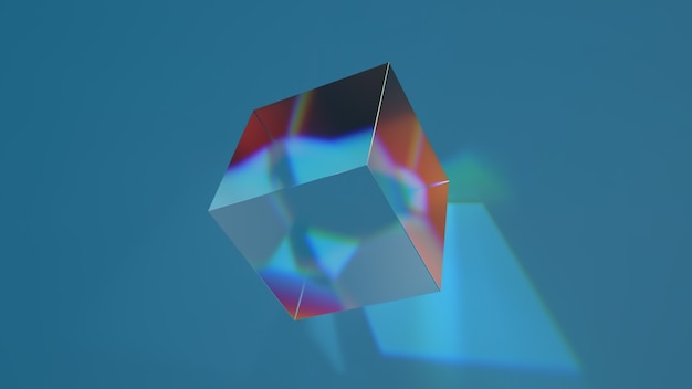 3d render of glass shape with realistic caustics on blue background.  Light refraction effect.