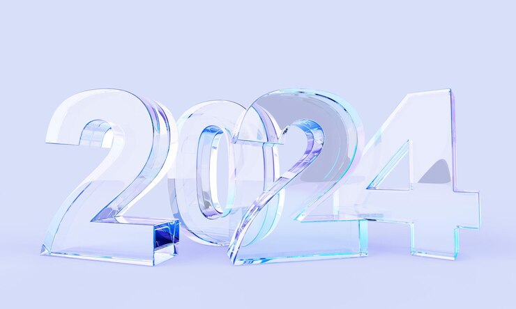 Фотография 3d render стекло прозрачное ясное 2024 цифры ледяные фигуры на синем фоне кристальный типография шрифт с голограммой градиент текстура для нового года дизайн календарь или праздничная карточка 3d иллюстрация