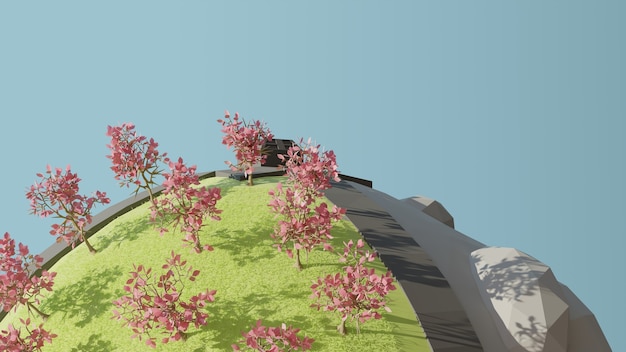 3d render globe with pink trees and green grass and rock mountain