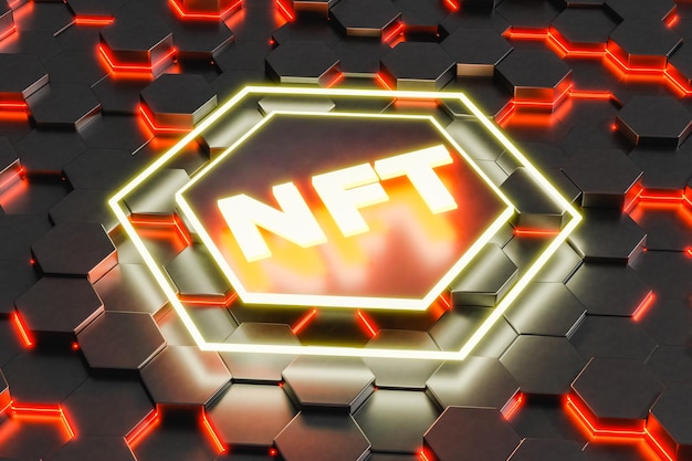 3D render Gloeiend NFT-woord op zeshoekige abstracte digitale achtergrond NFT Nonfungible token