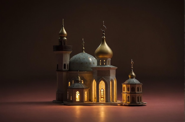 Photo 3d render glosy golden mosque for islamic event
