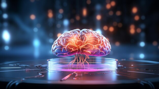 Photo 3d render of a glowing brain with abstract programming code ai image