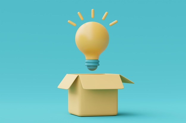 3d render glowing light bulb with boxCreative innovation and strategy analysisminimal style3d rendering