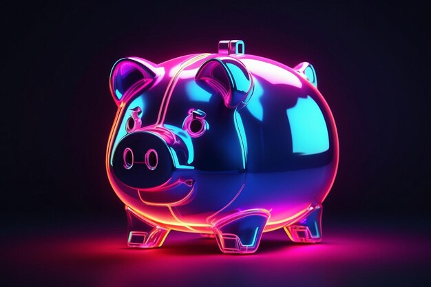 Photo 3d render of glowing piggy bank created with ai