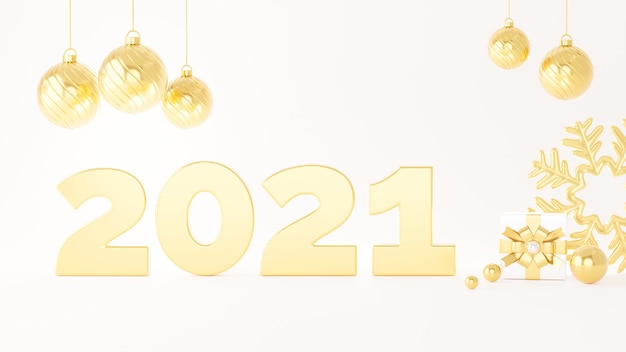 3d render of gold 2021 happy new year with decoration