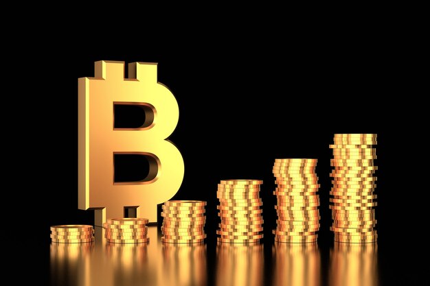 3d render segno bitcoin oro e pile di monete d'oro su sfondo nero