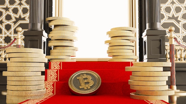 3D render of gold bitcoins on shining bank door red carpet with barriers leading to bank entrance