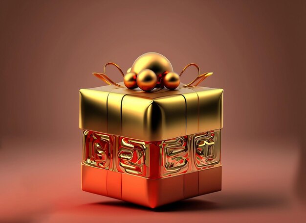 Photo 3d render of gold christmas gift box ball