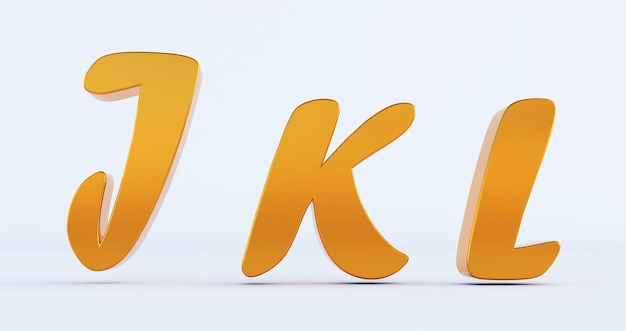 Rendering 3d di lettere jkl dorate isolate su sfondo bianco, concetto di istruzione. j, k, l