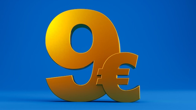 3D render of gold nine euro on colored blue background europe money