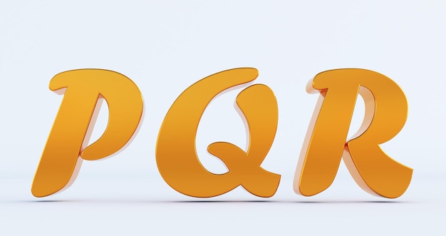 3D render of gold PQR Letters isolated on white background, Education concept. p, q, r