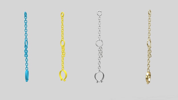 3d render gold steel colorful Chain links isolated on white background