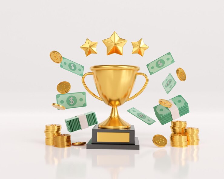Photo 3 d は、星とコインで金の勝者のトロフィーをレンダリングします。黄金の利益と通貨のコンセプトの勝利賞。