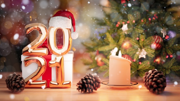 3D визуализация. Золотые шары 2021, красивая рождественская настенная дата на деревянном календаре.