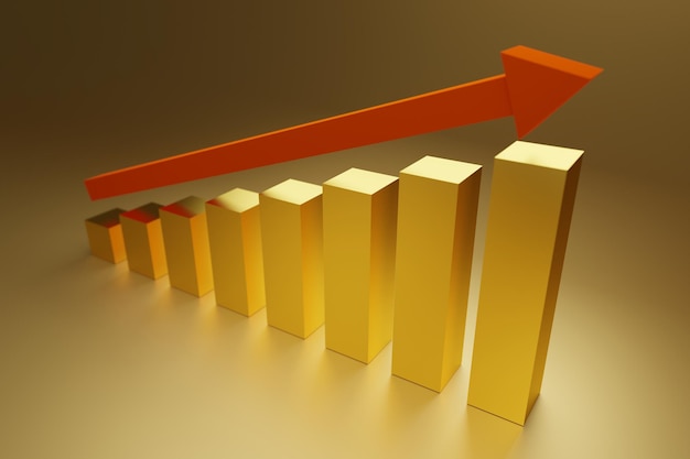 3D Render of golden bar graph growth and up arrow