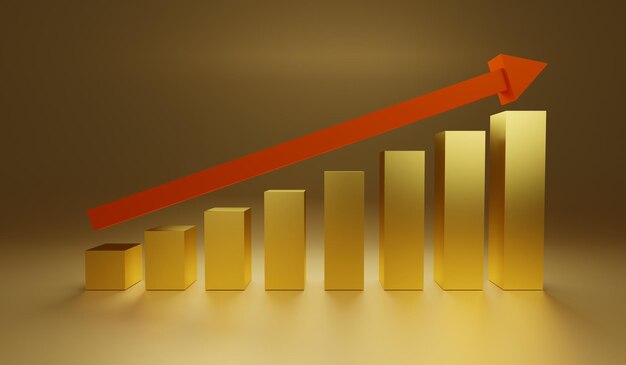 3D Render of golden bar graph growth and up arrow