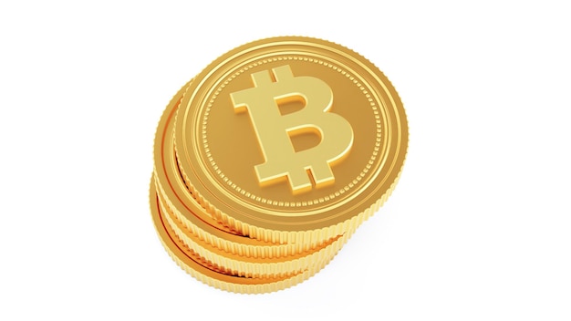 黄金のビットコインの白い背景の束に分離された黄金のビットコインの3Dレンダリング