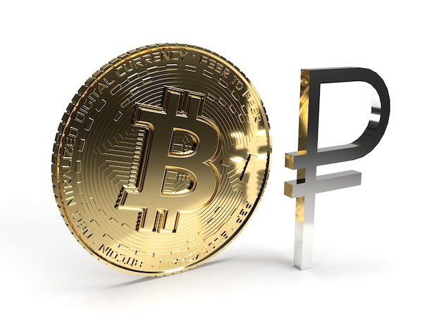 3d render golden bitcoin and metal ruble symbol on a white background