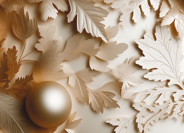 3d render of golden christmas ball on white background with golden leaves