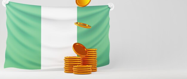 3D render of golden coins and Nigeria flag. Business online and e-commerce on web shopping concept. Secure online payment transaction with smartphone.