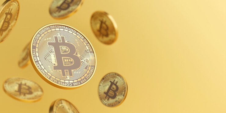3d render golden cryptocurrency bitcoins floating on gold background with copy space