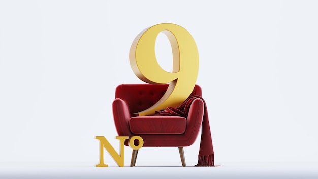 3D render of golden Eight nine on top of red sofa number 9