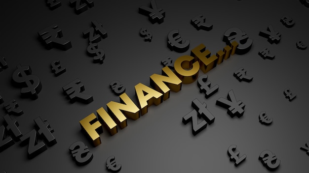 Photo 3d render of golden finance text with currency symbols