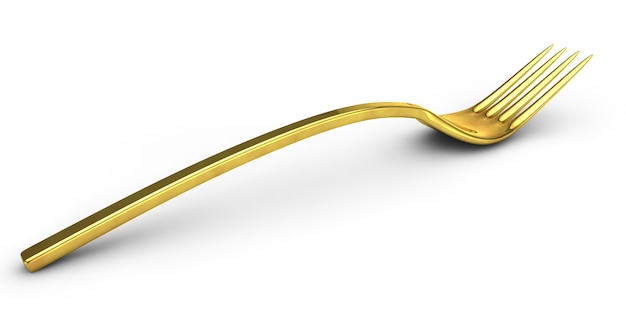 Photo 3d render of a golden fork on a white background