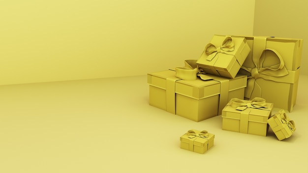 Rendering 3d. scatole regalo dorate nella stanza gialla.