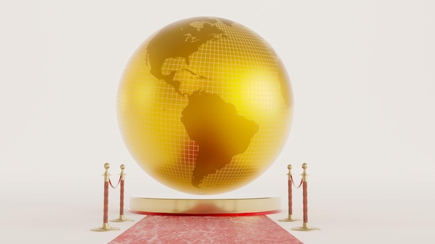 Rendering 3d del globo d'oro su piedistallo d'oro tra le barriere e il tappeto rosso