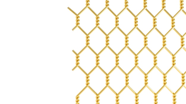 3d render of Golden metal fence mesh isolated on white background gold metal wire fence template