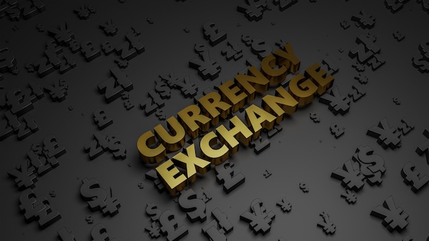 Photo 3d render of golden metallic currency exchange text on dark currency background.