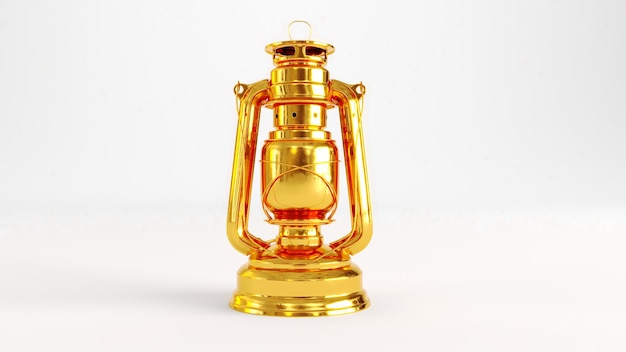 3D render of golden Metallic vintage oil lamp kerosene lamp isolated on white background