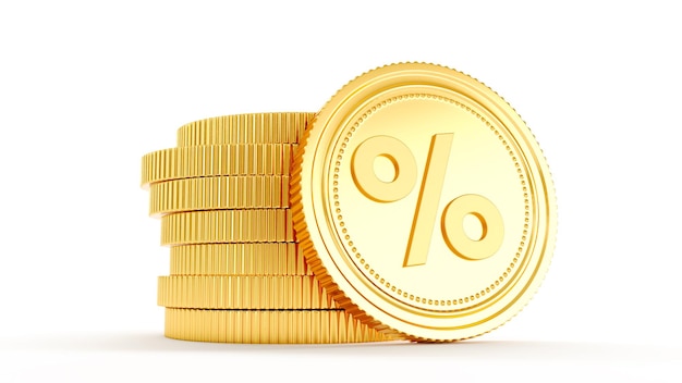 3D render of golden percent sign on a coin percentage discount coin icon sign symbol