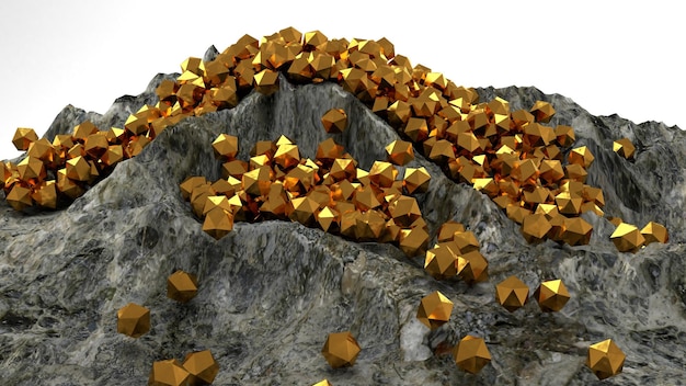 3d render golden rock treasure ruins in the mountain