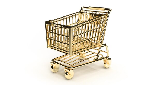 3d render golden shopping cart in the white backgroundshopchopify internet sales marketing target