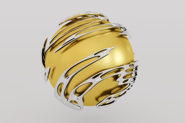 Photo 3d render golden sphere and cover metal silver alien shapes on white background close up.