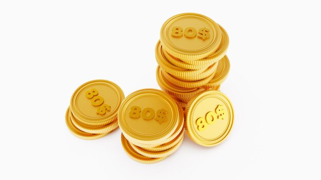 3D render of golden stack coins isolated on a white background eighty dollar coins