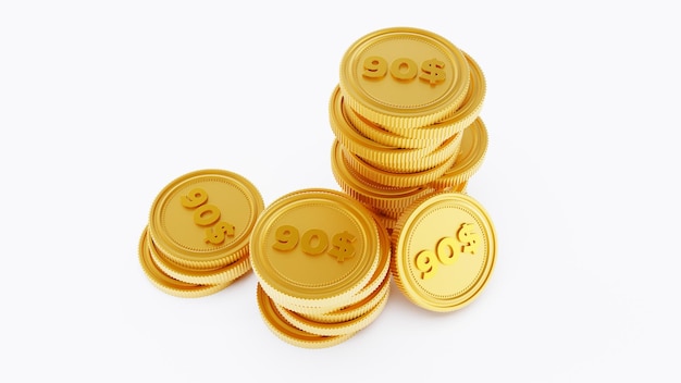 3D render of golden stack coins isolated on a white background ninety dollar coins